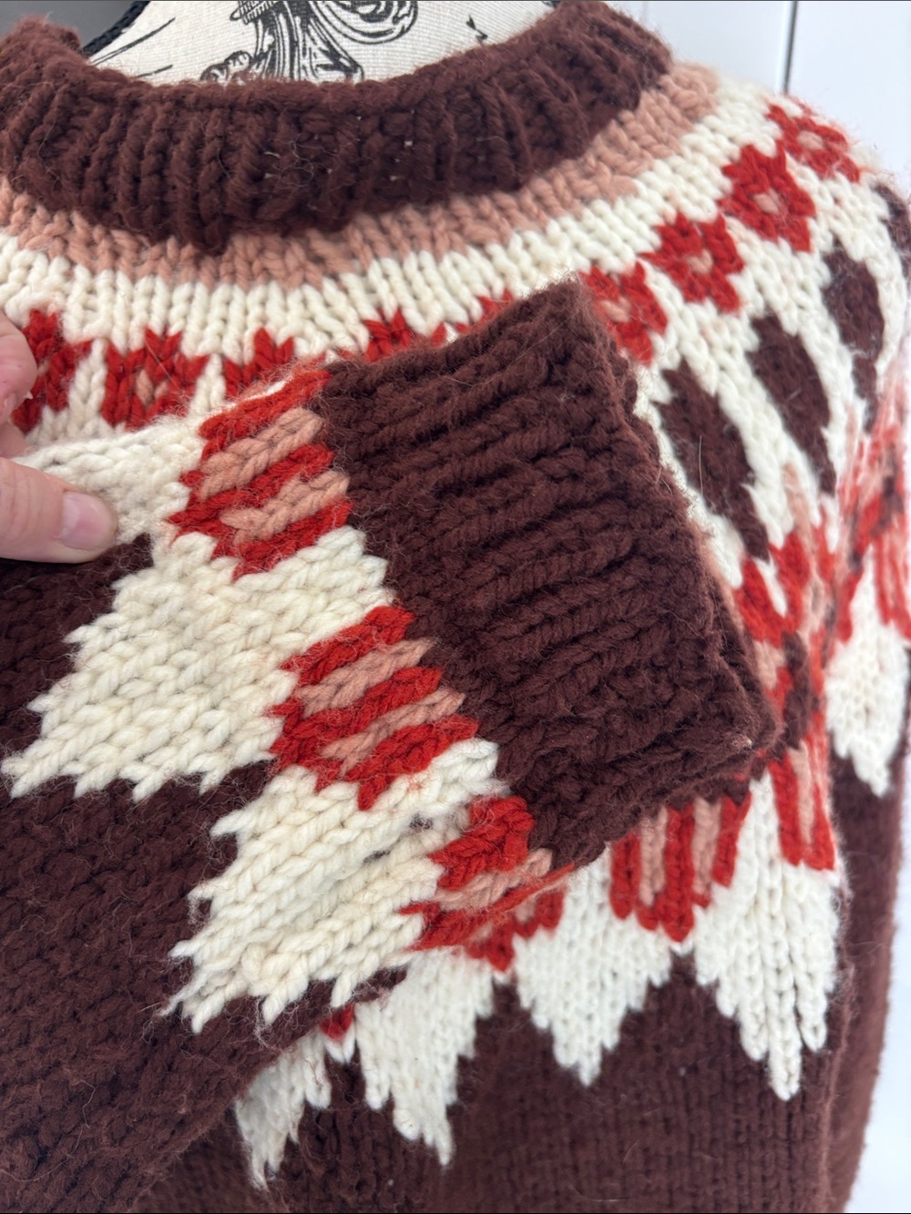 Ladies Brown Nordic Pattern Wool Sweater - Picture 5 of 5